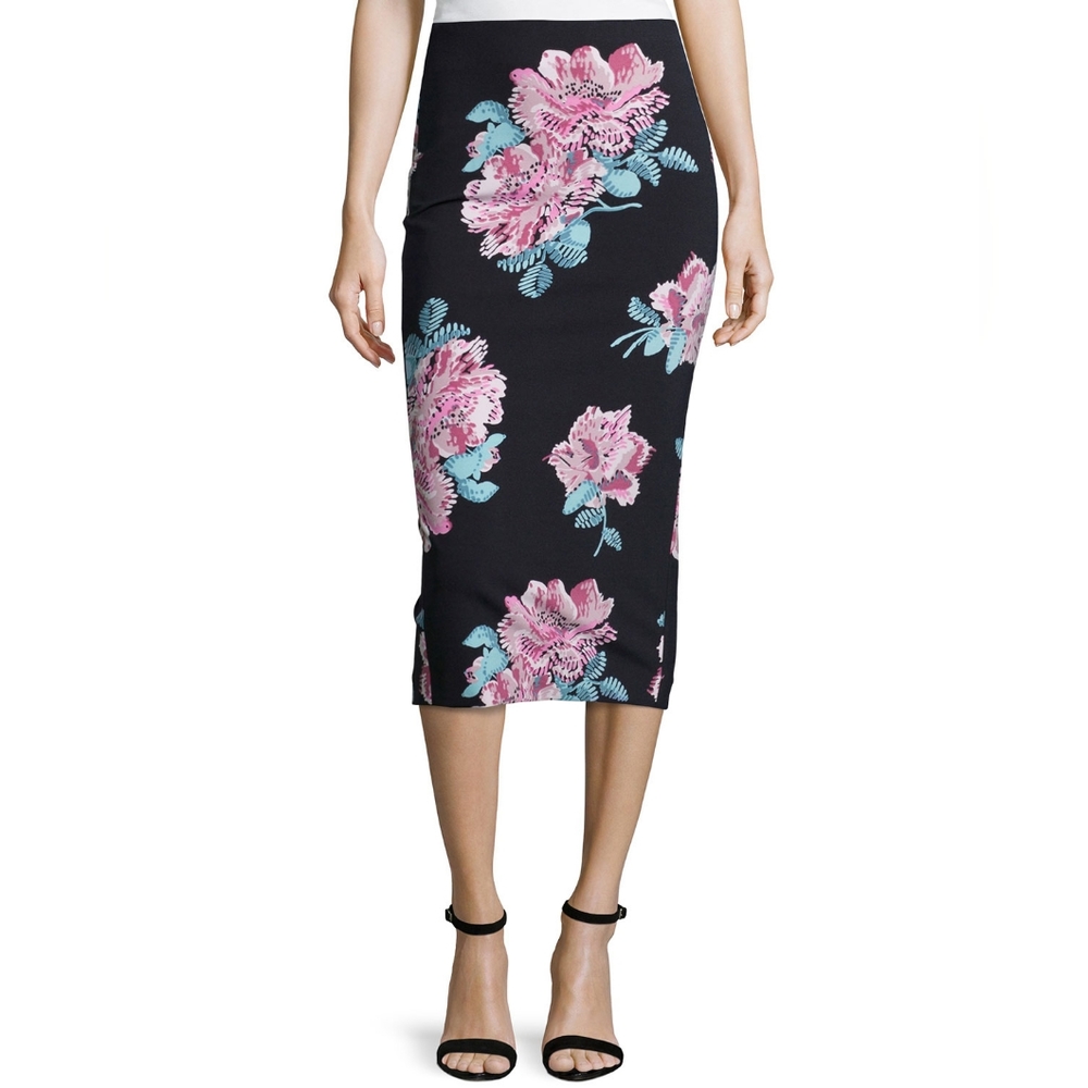 Elizabeth and James Darci Floral Print Midi Pencil Skirt, Black/Multi Color Sz 4